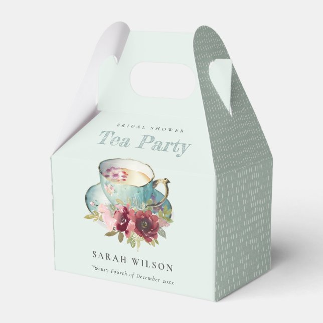 Teal Gold Floral Teacup Bridal Shower Tea Party Favor Box (Front Side)