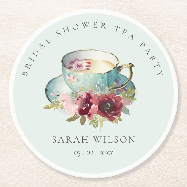 Teal Gold Floral Teacup Bridal Shower Tea Party Round Paper Coaster (Front)