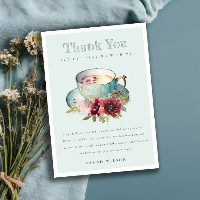Teal Gold Floral Teacup Bridal Shower Tea Party Thank You Card (Creator Uploaded)