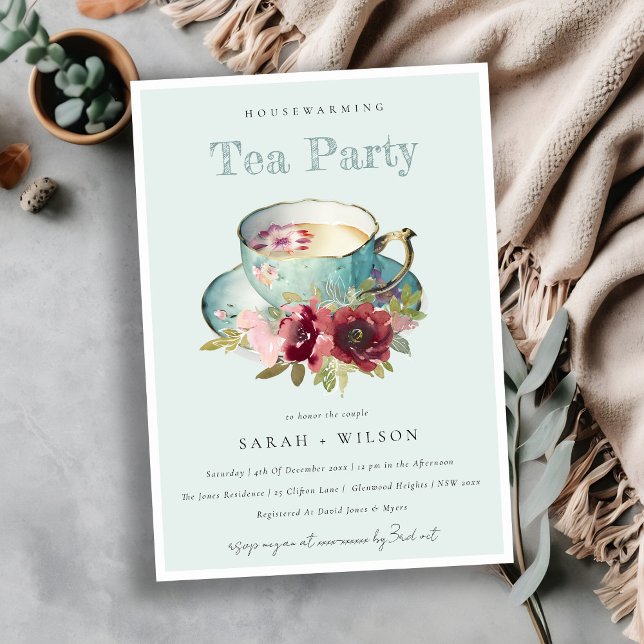 Teal Gold Floral Teacup Housewarming Tea Party Invitation (Creator Uploaded)