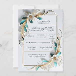 Teal Gold Floral Wedding Invitation