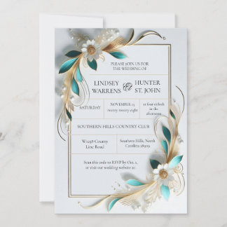 Teal Gold Floral Wedding Invitation