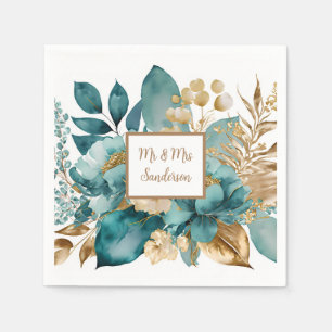 Teal & Gold Floral Wedding Napkin
