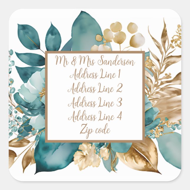 Teal & Gold Floral Wedding Square Sticker (Front)