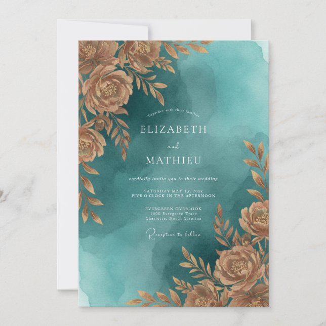 Teal Gold Foliage Sage Wedding Invitation (Front)
