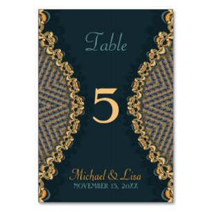 Teal Gold Fractal Lace Unique 2-in-1 Guest Menu Table Number