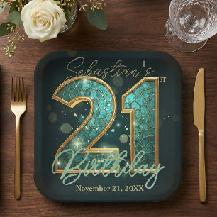 Teal Gold Geometric Mosaic 21st Birthday Party Paper Plate