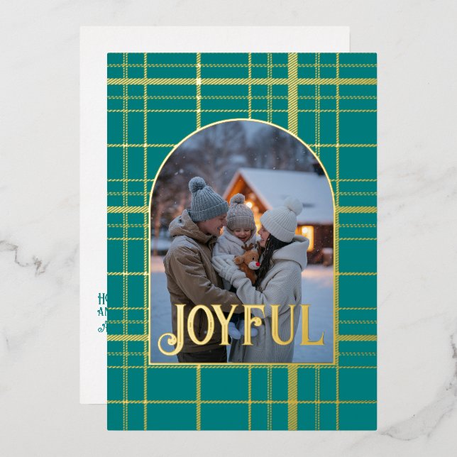 Teal & Gold Gingham Christmas Holiday Photo (Front/Back)