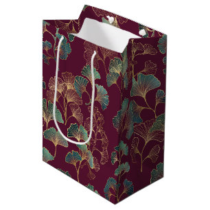 Teal & Gold Ginkgo Leaves on Burgundy Medium Gift Bag