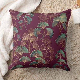 Teal & Gold Ginkgo Leaves on Burgundy Throw Pillow