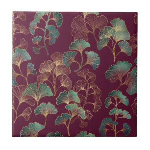 Teal & Gold Ginkgo Leaves on Burgundy Tile