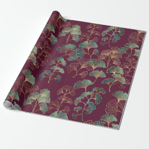 Teal & Gold Ginkgo Leaves on Burgundy Wrapping Paper