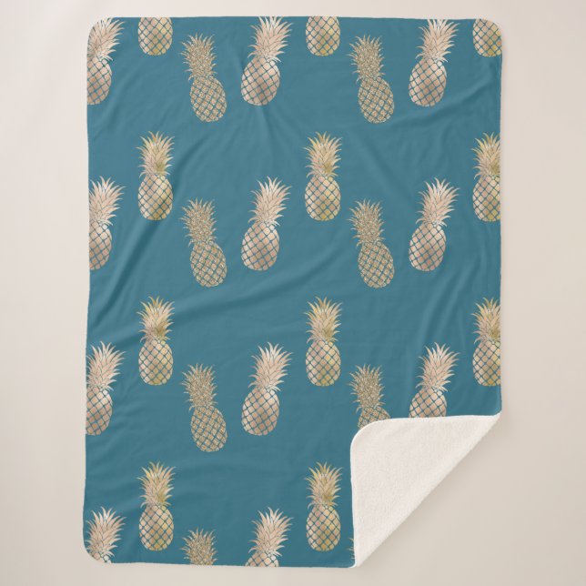 Teal Gold Glam Pineapples Sherpa Blanket (Front)