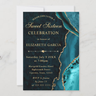 Teal & Gold Glitter Agate and marble Sweet 16 Invitation