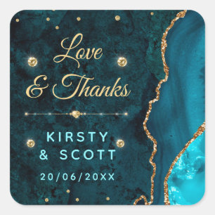 Teal & Gold Glitter Agate and marble Wedding Square Sticker