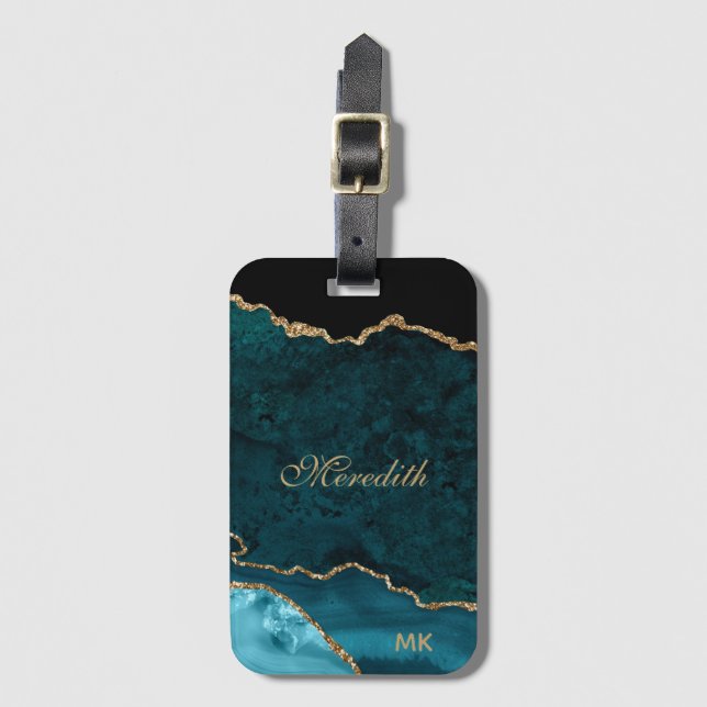 Teal Gold Glitter Agate Personalized Luggage Tag (Front Vertical)
