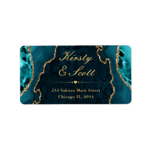 Teal & Gold Glitter Agate Wedding address label
