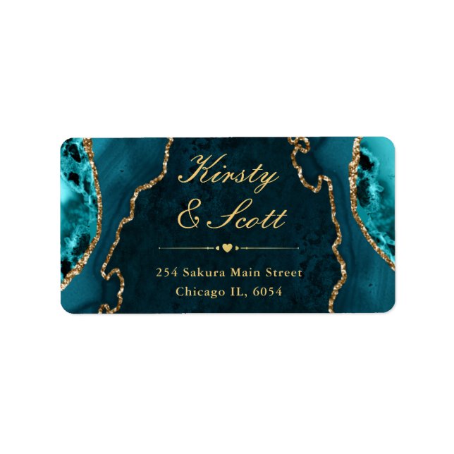 Teal & Gold Glitter Agate Wedding address label (Front)