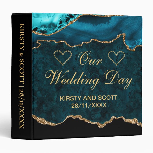 Teal & Gold Glitter Agate Wedding Photo Album Binder (Front/Spine)