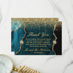 Teal Gold Glitter Agate Wedding Thank You Card