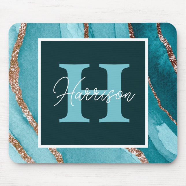 Teal &Gold Glitter Alcohol Ink Monogram and Name  Mouse Pad (Front)