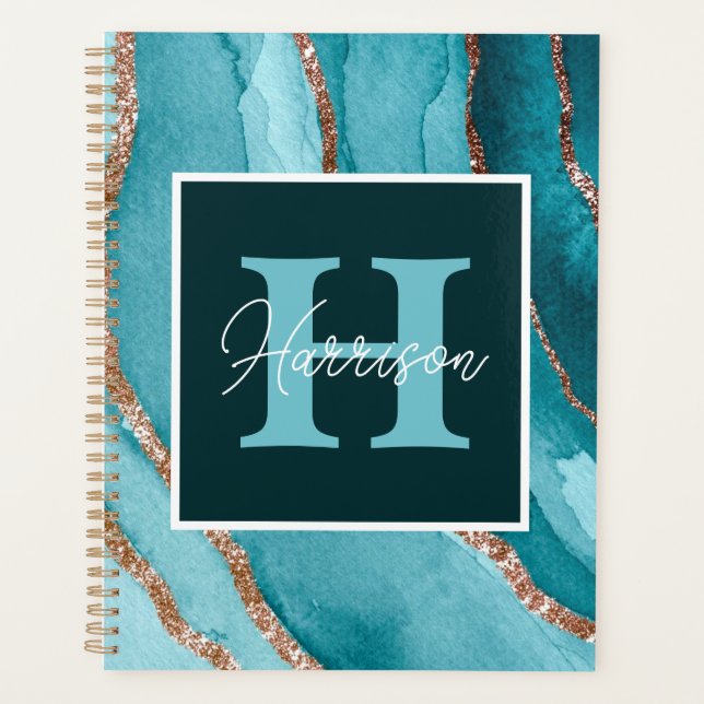 Teal &Gold Glitter Alcohol Ink Monogram and Name Planner (Front)