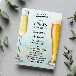 Teal Gold Glitter Bubbles & Brews Adults Birthday Invitation