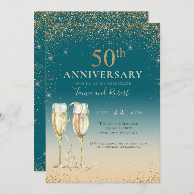 Teal Gold Glitter Champagne 50th Anniversary Invitation (Front/Back)