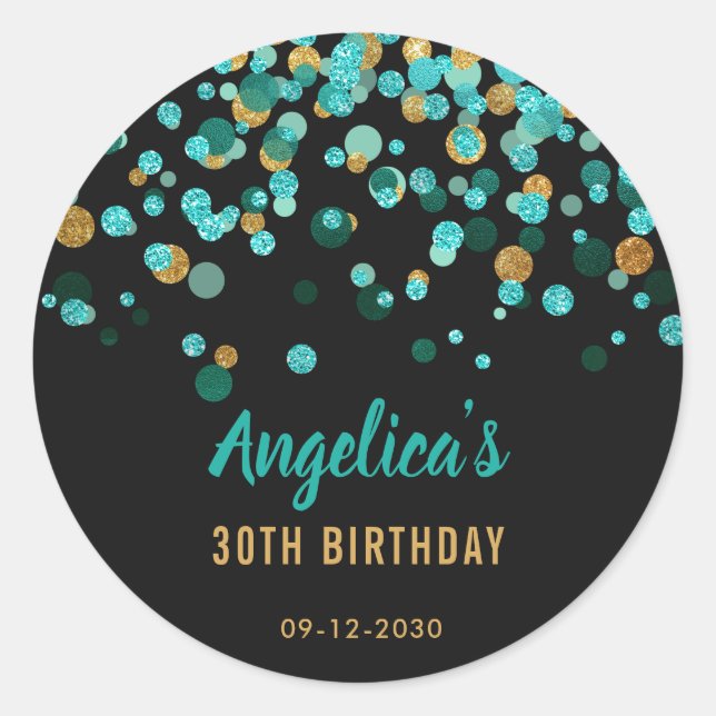 Teal Gold Glitter Confetti Black Birthday Favour Classic Round Sticker (Front)