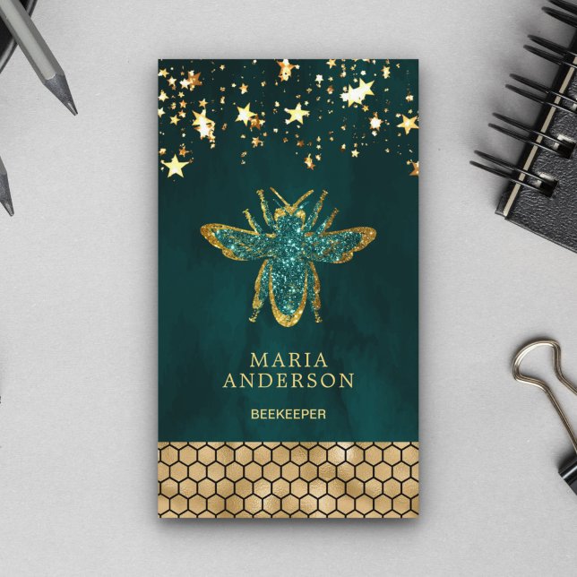 Teal Gold Glitter Honey Bee Beekeeper Business Card (Creator Uploaded)