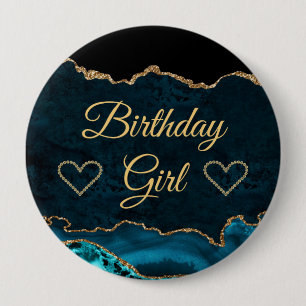 Teal & Gold Glitter Marble Agate Birthday Girl  4 Inch Round Button