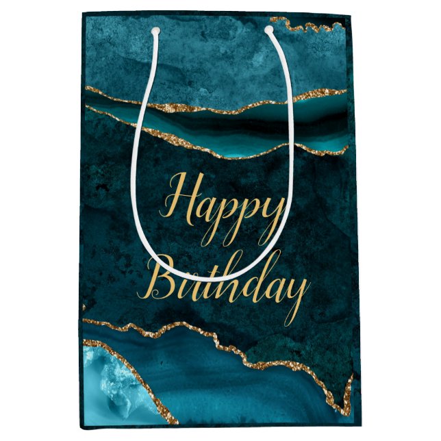 Teal & Gold Glitter Marble Agate Happy Birthday Medium Gift Bag (Front)