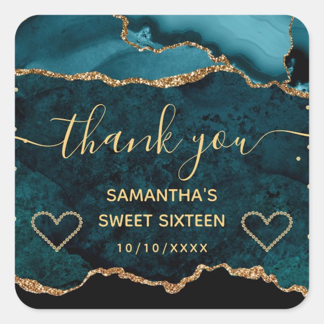 Teal & Gold Glitter Marble Agate Sweet 16 Square Sticker (Front)