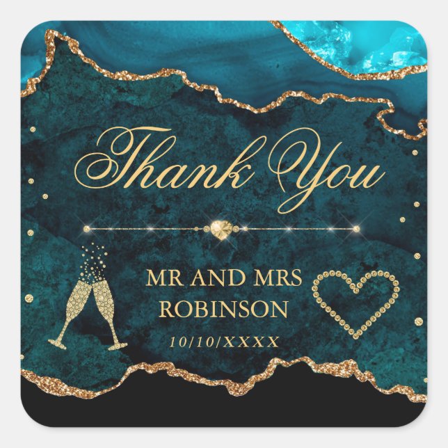 Teal & Gold Glitter Marble Agate Wedding Square Sticker (Front)