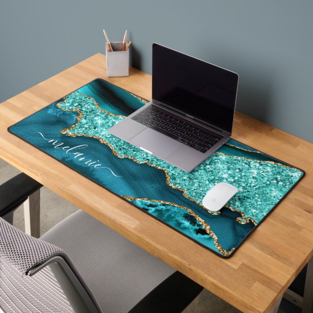 Teal Gold Glitter Marble Desk Mat with Custom Name (Office 2)