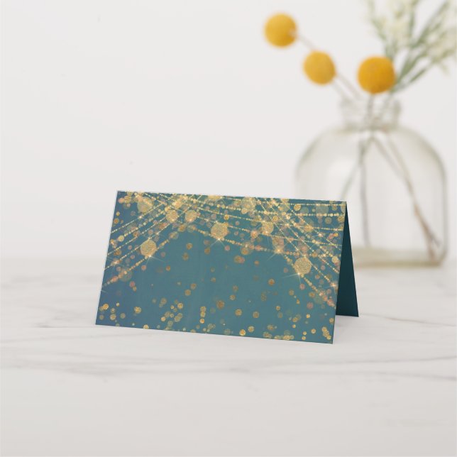 Teal Gold Glitter String Lights Bokeh Place Card (Front)