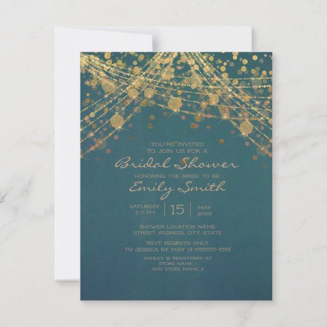 Teal Gold Glitter String Lights Bridal Shower Invitation (Front)