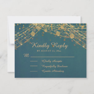 Teal Gold Glitter String Lights Quinceañera RSVP Postcard