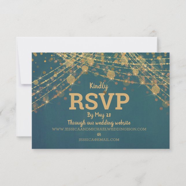 Teal Gold Glitter String LIghts Wedding RSVP Card (Front)