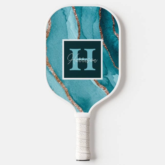 Teal & Gold Glitter Watercolor Personalized Pickleball Paddle (Front)