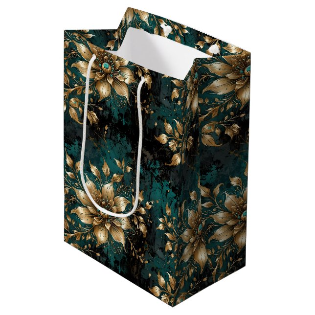 Teal & Gold Grunge Floral Medium Gift Bag (Front Angled)