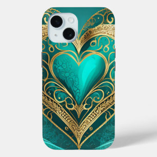 Teal Gold Heart iPhone 15 Case