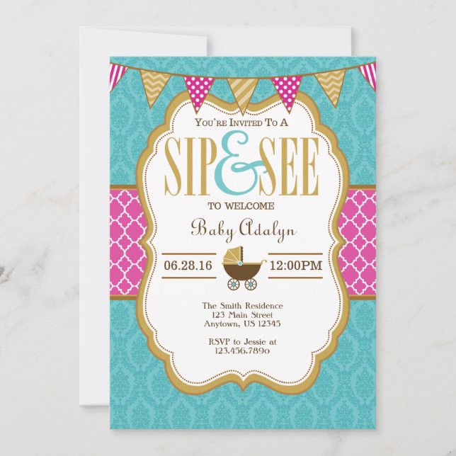 Teal Gold Hot Pink Sip And See Invitation (Front)