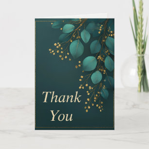 Teal & Gold Leaves on Forest Green Thank You Card 