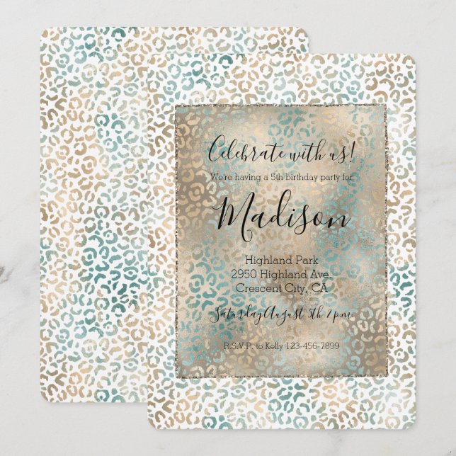 Teal Gold Leopard Print Invitation (Front/Back)
