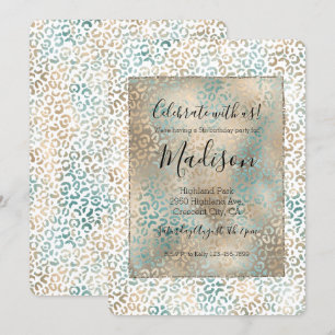 Teal Gold Leopard Print Invitation