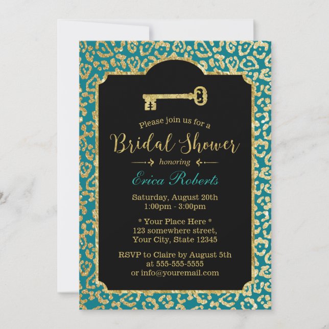 Teal & Gold Leopard Skeleton Key Bridal Shower Invitation (Front)