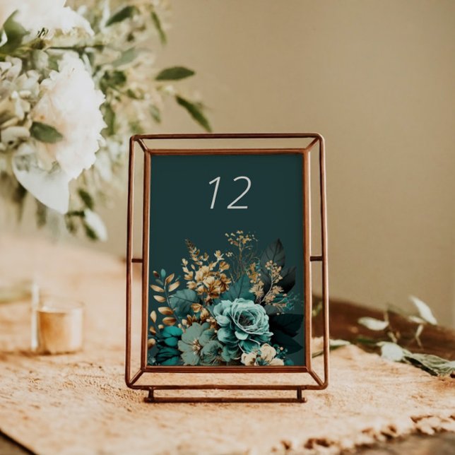 Teal Gold Luxe Floral Wedding Table Card (Creator Uploaded)