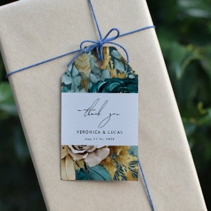 Teal Gold Luxe Floral Wedding Thank You Gift Tag