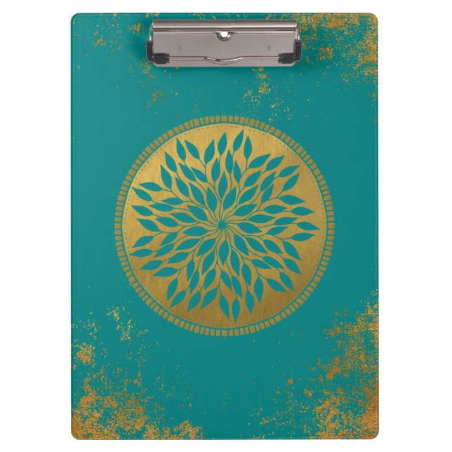 Teal-Gold Mandala on Grunge Gold Teal Clipboard (Front)